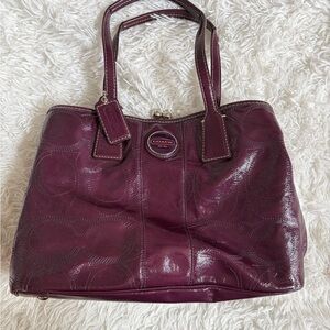 Coach Handbag Stitched C Signature Purple Patent Leather Tote Shoulder Bag Purse